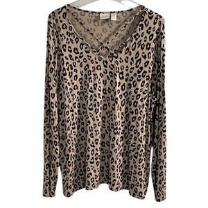 Chico's Women's Cheetah Print Long Sleeve V-Neck Tee SIZE-3